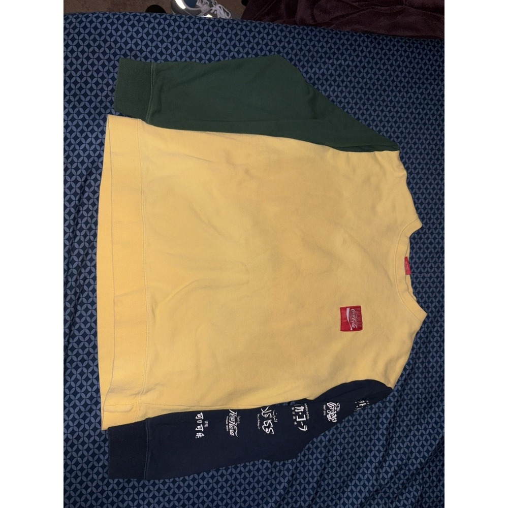 Coca Cola Colorblock Sweater Mens XL Long Sleeve Yellow Green Navy Blue